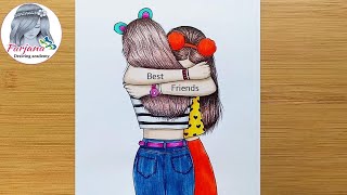 Best friends❤ Drawing Tutorial  step by step  How To Draw Two Friends Hugging Each other [upl. by Pomeroy748]