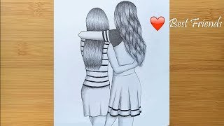 Best friends ❤ pencil Sketch Tutorial  How To Draw Two Friends Hugging Each other [upl. by Enale]