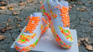 HOW TO SPLATTER SHOES  CUSTOM NIKE Air Force 1s  SUPER SIMPLE NEON DESIGN QUICK amp EASY METHOD🔥 [upl. by Gnuj]