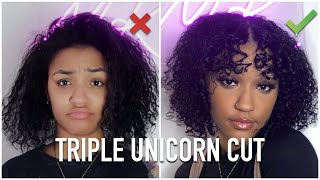 TRIPLE UNICORN CUT ON 3C HAIR AT HOME DIY  Makayla Harris [upl. by Obel]