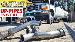 2001 F350 73  RiffRaff UpPipes Install  Stock up pipes leaking and falling apart JUNK SP [upl. by Hairabez]